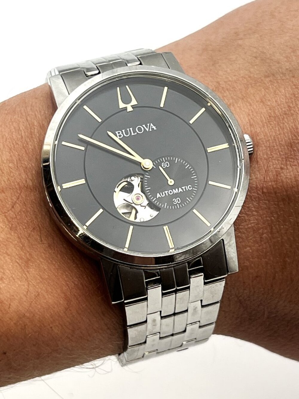 Bulova Men's American Clipper Automatic Watch 42mm Open Heart Black Gold 96A305